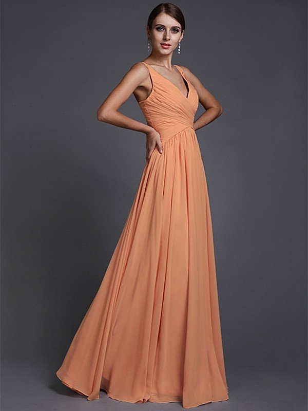 A-Line Charming V-neck Sleeveless Long Ruffles Chiffon Bridesmaid Dresses