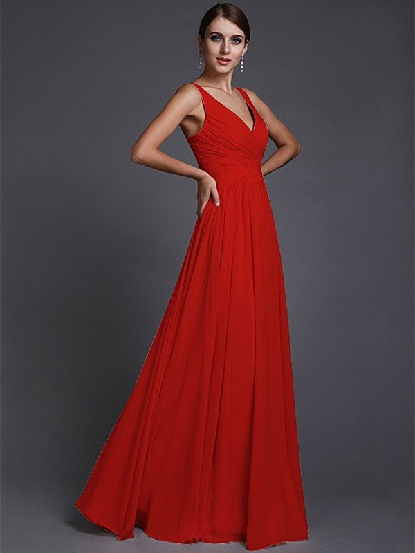 A-Line Charming V-neck Sleeveless Long Ruffles Chiffon Bridesmaid Dresses