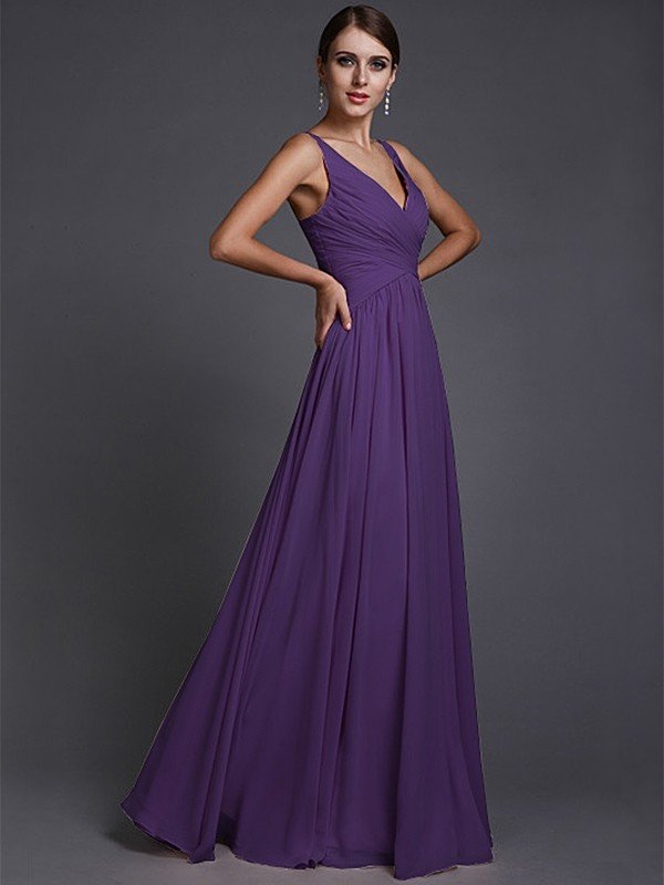 A-Line Charming V-neck Sleeveless Long Ruffles Chiffon Bridesmaid Dresses