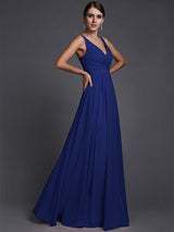 A-Line Charming V-neck Sleeveless Long Ruffles Chiffon Bridesmaid Dresses