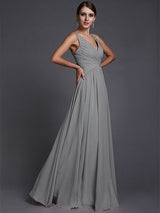 A-Line Charming V-neck Sleeveless Long Ruffles Chiffon Bridesmaid Dresses