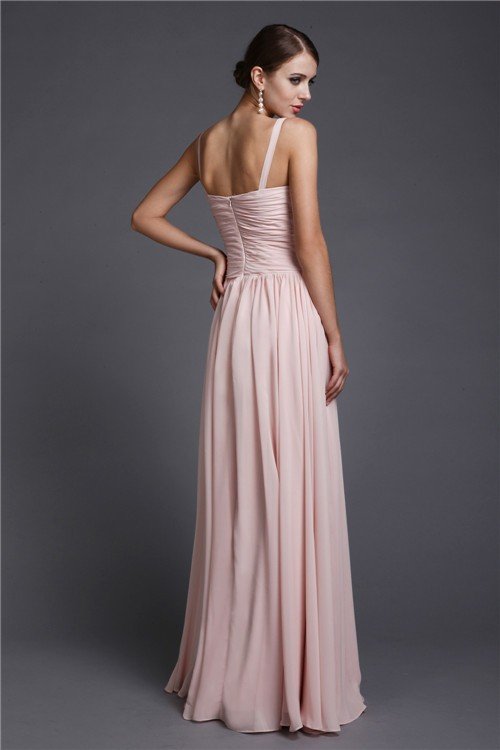 A-Line Charming V-neck Sleeveless Long Ruffles Chiffon Bridesmaid Dresses