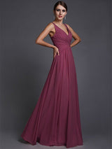 A-Line Charming V-neck Sleeveless Long Ruffles Chiffon Bridesmaid Dresses