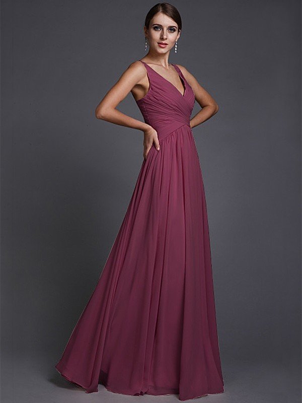 A-Line Charming V-neck Sleeveless Long Ruffles Chiffon Bridesmaid Dresses