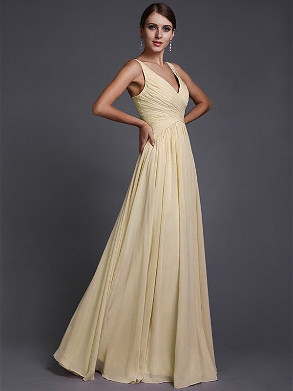 A-Line Charming V-neck Sleeveless Long Ruffles Chiffon Bridesmaid Dresses