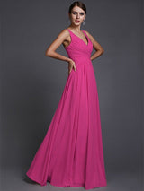 A-Line Charming V-neck Sleeveless Long Ruffles Chiffon Bridesmaid Dresses