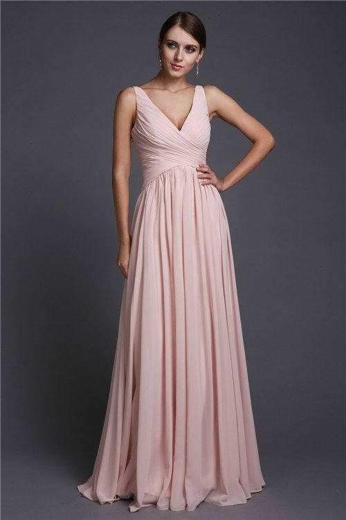 V-Neck Elegant Sleeveless Long Ruffles Chiffon Bridesmaid Dresses