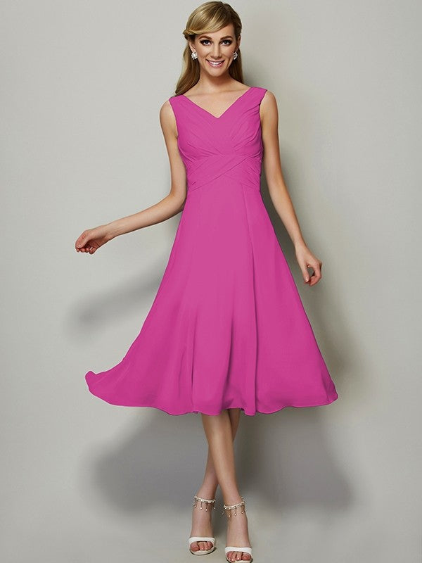 A-Line Charming V-neck Sleeveless Pleats Short Chiffon Bridesmaid Dresses