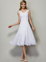 A-Line Charming V-neck Sleeveless Pleats Short Chiffon Bridesmaid Dresses