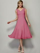 A-Line Charming V-neck Sleeveless Pleats Short Chiffon Bridesmaid Dresses