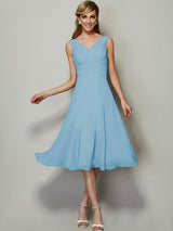 A-Line Charming V-neck Sleeveless Pleats Short Chiffon Bridesmaid Dresses