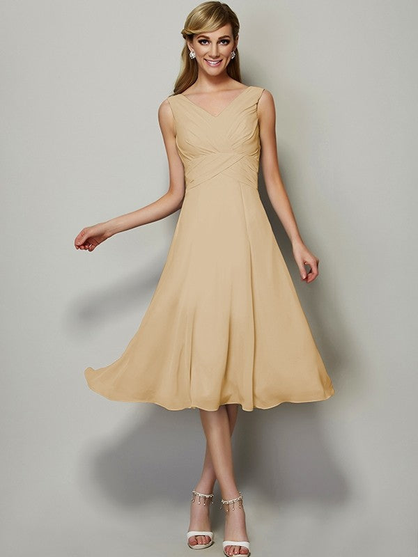 A-Line Charming V-neck Sleeveless Pleats Short Chiffon Bridesmaid Dresses