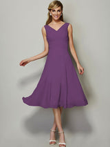 A-Line Charming V-neck Sleeveless Pleats Short Chiffon Bridesmaid Dresses