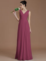 A-Line Charming V-neck Sleeveless Ruched Chiffon Bridesmaid Dresses