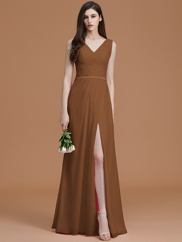 A-Line Charming V-neck Sleeveless Ruched Chiffon Bridesmaid Dresses