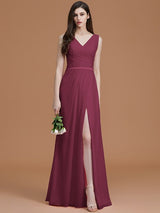 A-Line Charming V-neck Sleeveless Ruched Chiffon Bridesmaid Dresses