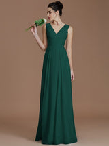 A-Line Charming V-neck Sleeveless Ruched Chiffon Bridesmaid Dresses