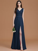 A-Line Charming V-neck Sleeveless Ruched Chiffon Bridesmaid Dresses