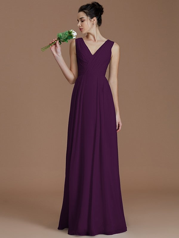 A-Line Charming V-neck Sleeveless Ruched Chiffon Bridesmaid Dresses