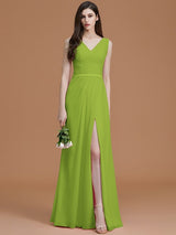 A-Line Charming V-neck Sleeveless Ruched Chiffon Bridesmaid Dresses