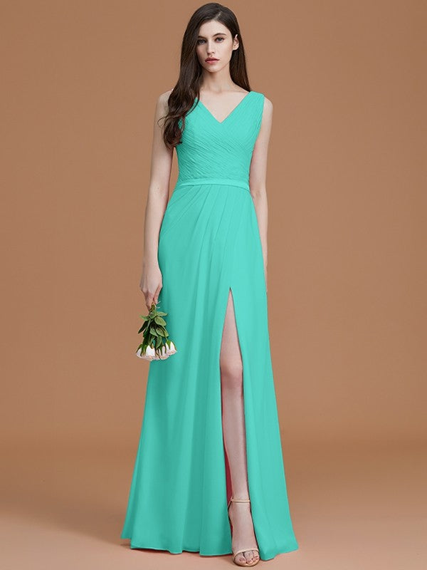 A-Line Charming V-neck Sleeveless Ruched Chiffon Bridesmaid Dresses