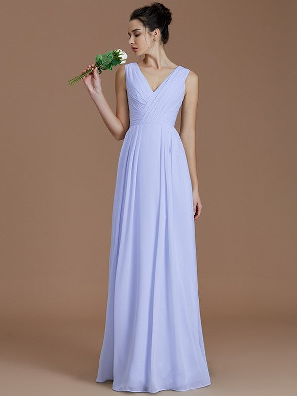 A-Line Charming V-neck Sleeveless Ruched Chiffon Bridesmaid Dresses