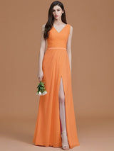 A-Line Charming V-neck Sleeveless Ruched Chiffon Bridesmaid Dresses