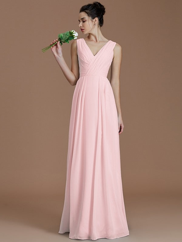 A-Line Charming V-neck Sleeveless Ruched Chiffon Bridesmaid Dresses