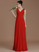 A-Line Charming V-neck Sleeveless Ruched Chiffon Bridesmaid Dresses