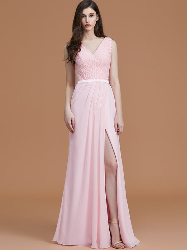 A-Line Charming V-neck Sleeveless Ruched Chiffon Bridesmaid Dresses