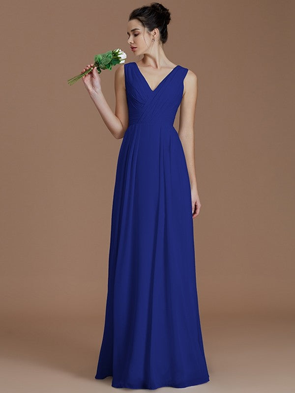 A-Line Charming V-neck Sleeveless Ruched Chiffon Bridesmaid Dresses