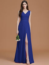 A-Line Charming V-neck Sleeveless Ruched Chiffon Bridesmaid Dresses