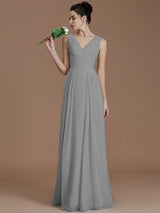 A-Line Charming V-neck Sleeveless Ruched Chiffon Bridesmaid Dresses