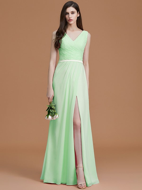 A-Line Charming V-neck Sleeveless Ruched Chiffon Bridesmaid Dresses