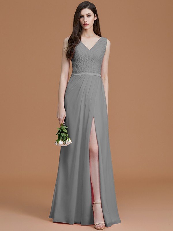 A-Line Charming V-neck Sleeveless Ruched Chiffon Bridesmaid Dresses