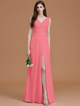 A-Line Charming V-neck Sleeveless Ruched Chiffon Bridesmaid Dresses