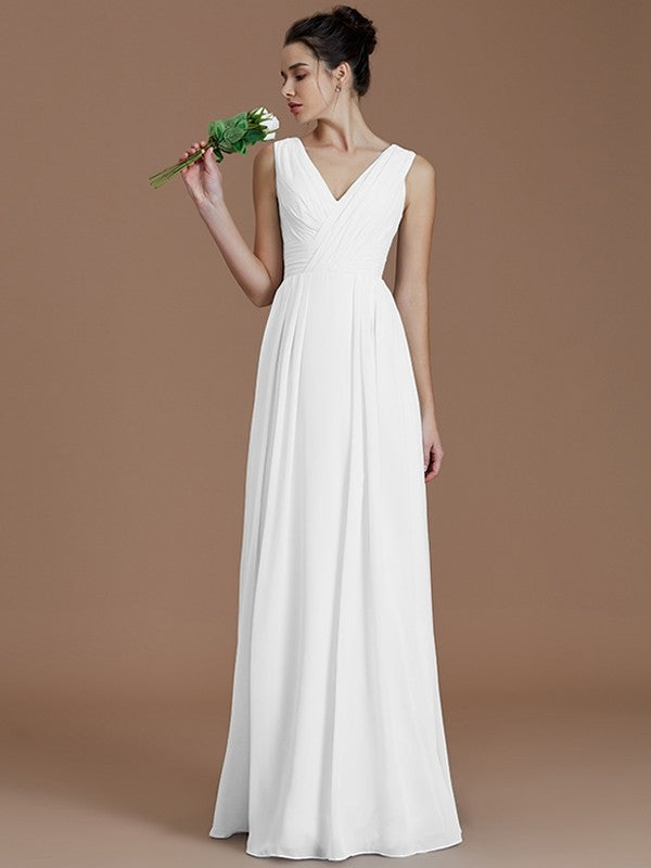 A-Line Charming V-neck Sleeveless Ruched Chiffon Bridesmaid Dresses