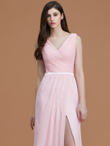 A-Line Charming V-neck Sleeveless Ruched Chiffon Bridesmaid Dresses