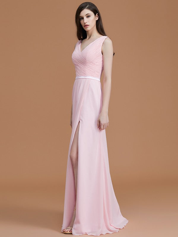 A-Line Charming V-neck Sleeveless Ruched Chiffon Bridesmaid Dresses