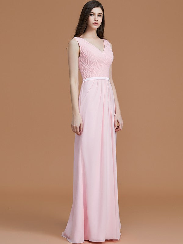 A-Line Charming V-neck Sleeveless Ruched Chiffon Bridesmaid Dresses