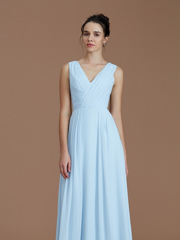 A-Line Charming V-neck Sleeveless Ruched Chiffon Bridesmaid Dresses