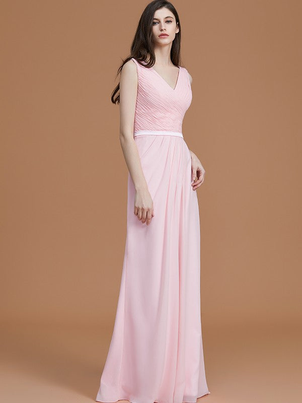 A-Line Charming V-neck Sleeveless Ruched Chiffon Bridesmaid Dresses