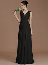 A-Line Charming V-neck Sleeveless Ruched Chiffon Bridesmaid Dresses