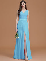 A-Line Charming V-neck Sleeveless Ruched Chiffon Bridesmaid Dresses