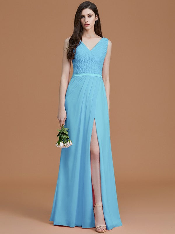 A-Line Charming V-neck Sleeveless Ruched Chiffon Bridesmaid Dresses