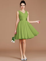 A-Line Charming V-neck Sleeveless Sash/Ribbon/Belt Short/Mini Chiffon Bridesmaid Dresses