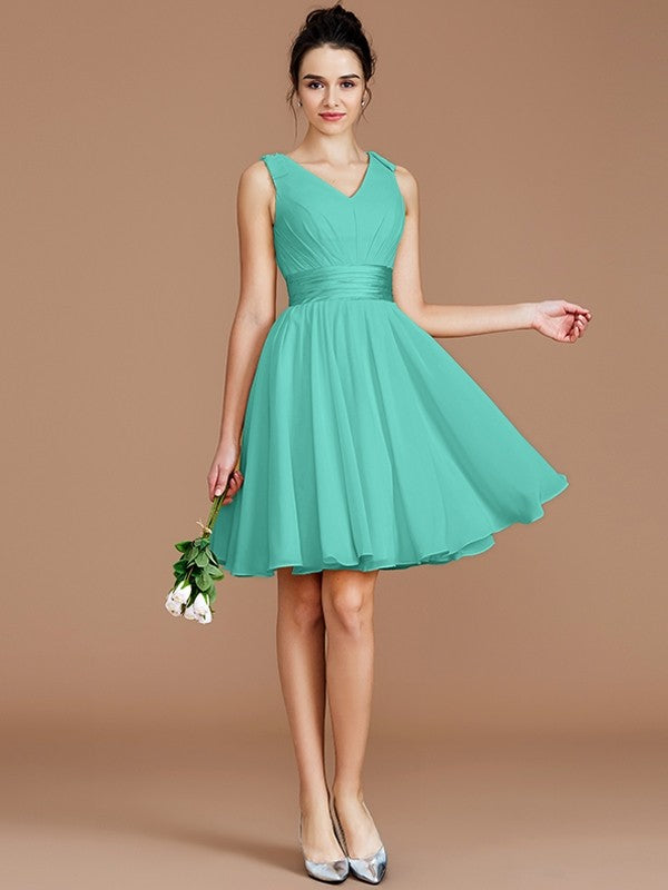 A-Line Charming V-neck Sleeveless Sash/Ribbon/Belt Short/Mini Chiffon Bridesmaid Dresses