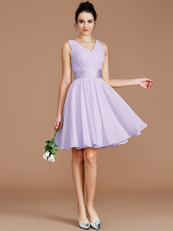 A-Line Charming V-neck Sleeveless Sash/Ribbon/Belt Short/Mini Chiffon Bridesmaid Dresses