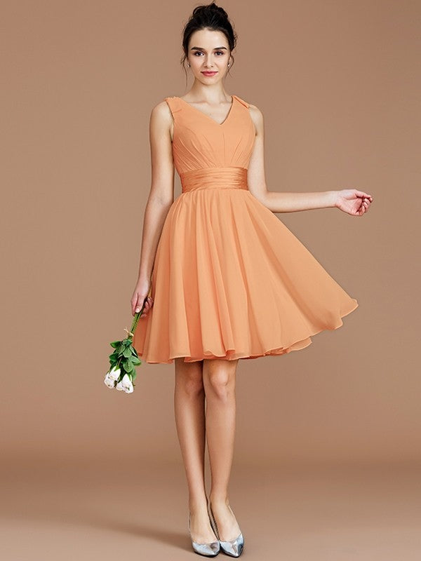 A-Line Charming V-neck Sleeveless Sash/Ribbon/Belt Short/Mini Chiffon Bridesmaid Dresses