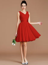 A-Line Charming V-neck Sleeveless Sash/Ribbon/Belt Short/Mini Chiffon Bridesmaid Dresses